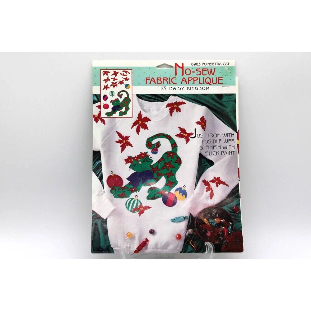 VTG Daisy Kingdom No-Sew Fabric Applique Poinsettia Cat #6983 Christmas NEW 90s